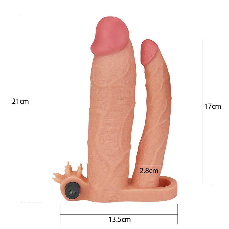 LoveToy - Pleasure X-tender Vibrerende Dubbele Penis Sleeve - 21 en 17 cm - Lichte Huidskleur-Erotiekvoordeel.nl
