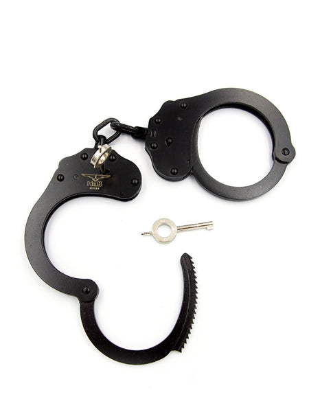 Mister B Cuff Double Lock Esposas de policía de acero con cadena - Negro-Erotiekvoordeel.nl