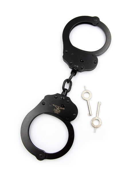 Mister B Cuff Double Lock: esposas de policía de acero con cadena - Negro - Erotiekvoordeel.nl