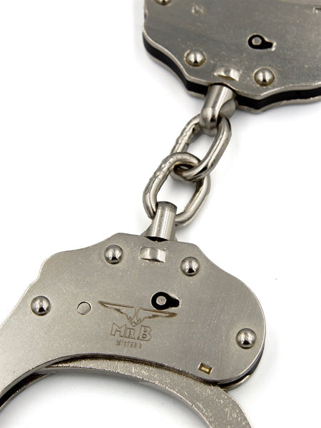 Mister B Cuff Double Lock Stahl-Polizeihandfesseln mit Kette - Silber-Erotiekvoordeel.nl