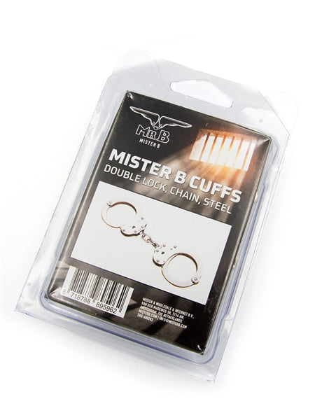 Mister B Cuff Double Lock Stahl-Polizeihandfesseln mit Kette - Silber-Erotiekvoordeel.nl