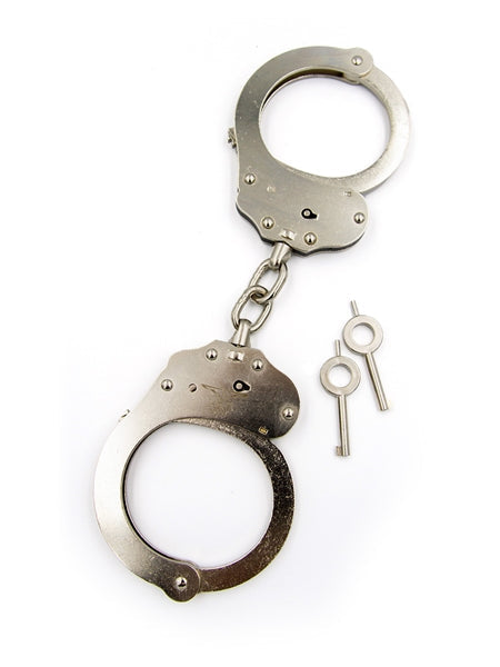 Mister B Cuff Double Lock Stahl-Polizeihandfesseln mit Kette - Silber-Erotiekvoordeel.nl