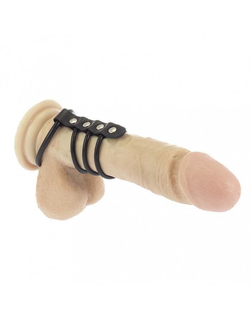 Rimba - Anillo para el escroto y 3 anillos para el pene de goma con correa de cuero - Diámetro 50 y 40 mm - Erotiekvoordeel.nl