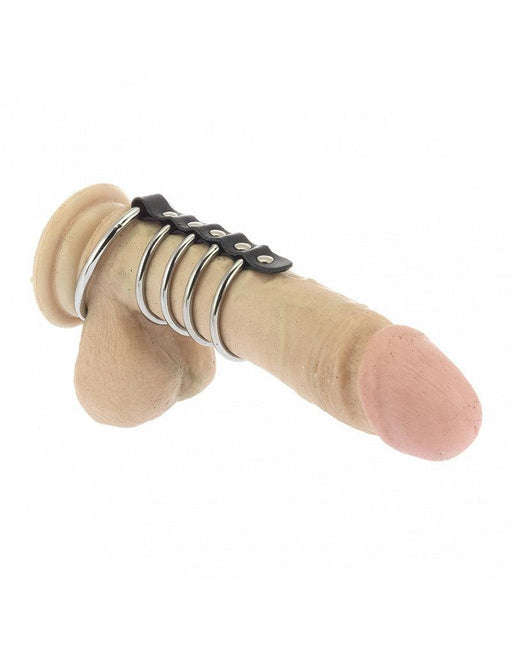 Rimba - Saco escrotal y 4 anillos para el pene de metal con cinta de cuero - Diámetro 55 y 40 mm - Erotiekvoordeel.nl