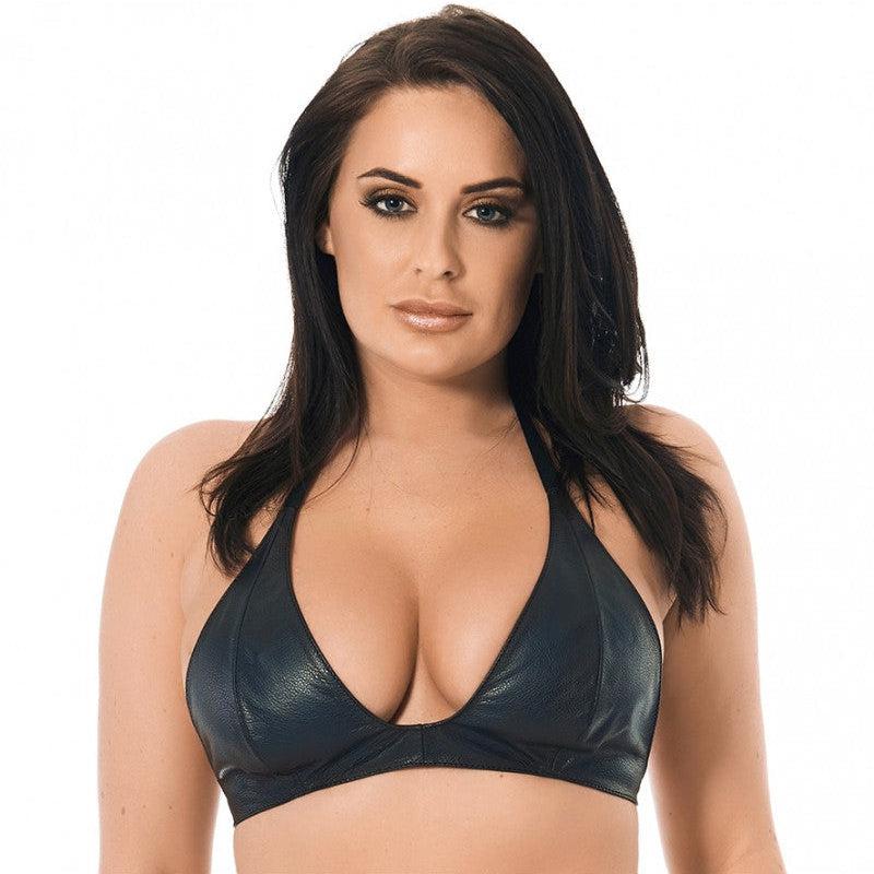 Rimba Bondage Play - Leather Bra Top With Clip Closure At Back - Black-Erotiekvoordeel.nl
