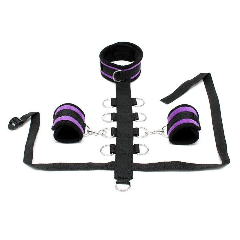 Rimba - Collare bondage con cintura bondage con anelli e manette separate - Nero/Viola-Erotiekvoordeel.nl