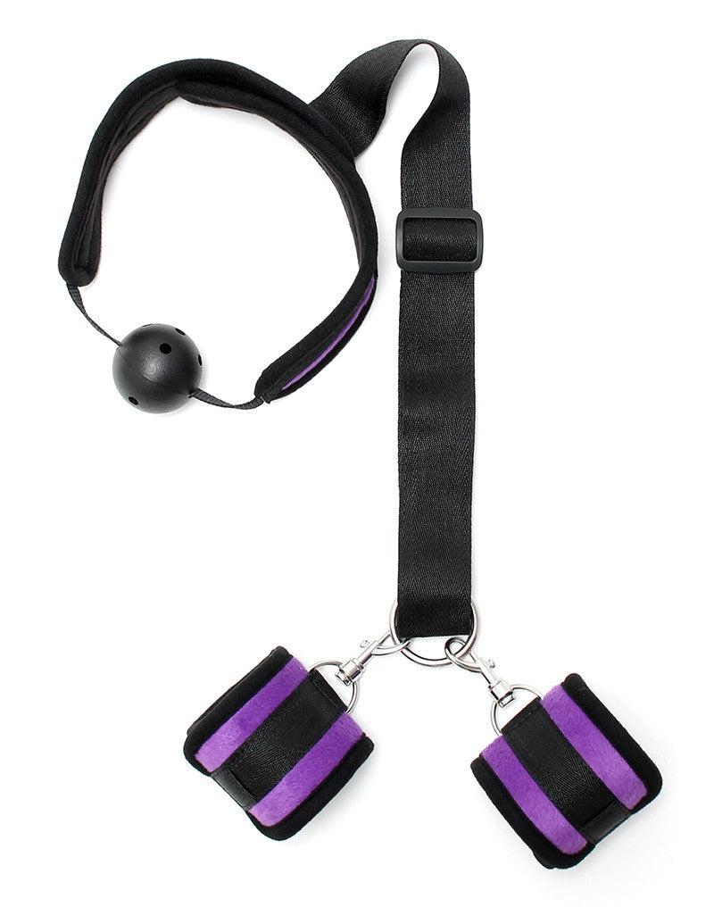 Rimba Bondage Play - Set bondage - Bavaglio - Manette - Velcro - Nero/Viola - Diametro bavaglio 45 mm - Erotiekvoordeel.nl