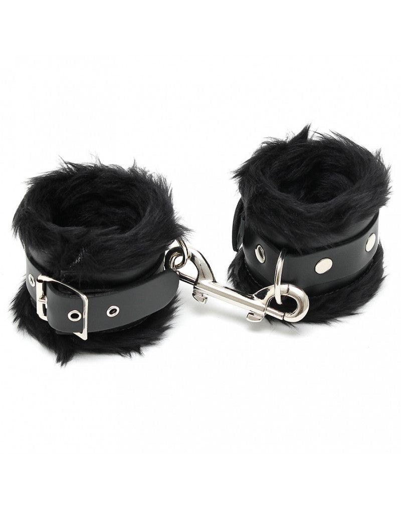 Rimba - Menottes de cheville en cuir doublées de fourrure - Noir - Erotiekvoordeel.nl