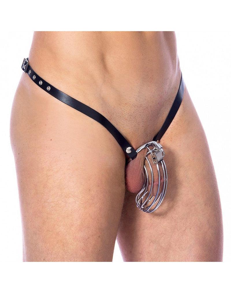Rimba Bondage Play - Cintura di castità - Slip di castità in pelle con gabbia di castità in metallo - Taglia unica - Erotiekvoordeel.nl