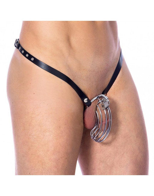 Rimba Bondage Play - Cintura di castità - Slip di castità in pelle con gabbia di castità in metallo - Taglia unica - Erotiekvoordeel.nl