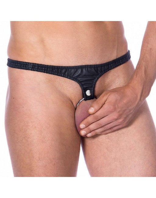 Rimba Bondage Play - Slip en cuir avec anneau pénien métallique interchangeable 50 mm - Erotiekvoordeel.nl
