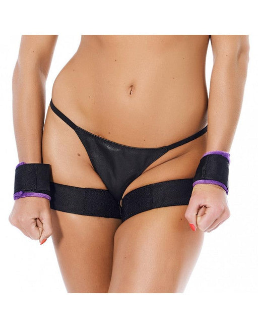 Rimba - Soft Bondage Thigh-to-Wrist Cuffs Set - Black/Purple-Erotiekvoordeel.nl