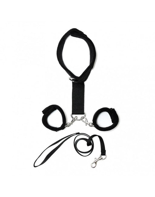 Rimba - Soft Bondage Collar with Handcuffs and Leash - Black-Erotiekvoordeel.nl