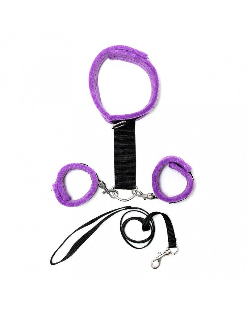 Rimba - Collare Soft Bondage con manette e guinzaglio - Nero/Viola-Erotiekvoordeel.nl