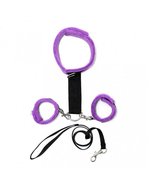 Rimba - Soft Bondage Collar with handcuffs and leash - Black/Purple-Erotiekvoordeel.nl