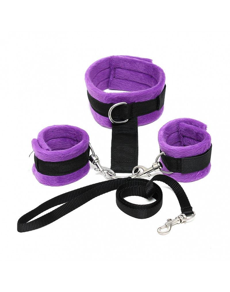 Rimba - Collare bondage morbido con manette e guinzaglio - Nero/Viola-Erotiekvoordeel.nl