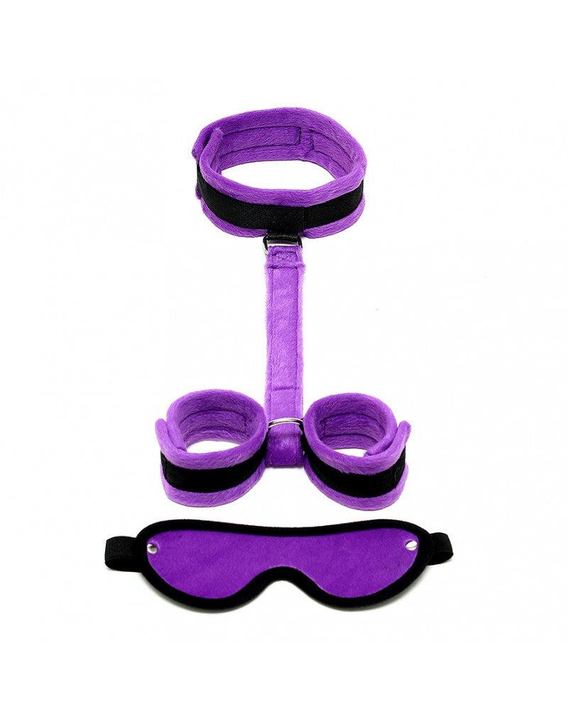 Rimba - Set Soft Bondage con velcro Manette/collare/benda - Nero/ Viola-Erotiekvoordeel.nl