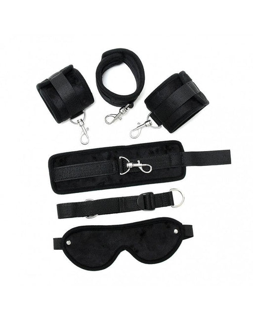Rimba - Soft bondage set hand/ankle cuffs with strap and blindfold - Black-Erotiekvoordeel.nl