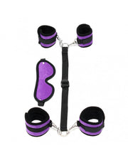 Rimba - Kit de bondage souple avec menottes pour les poignets et les chevilles et bandeau - Noir/Violet-Erotiekvoordeel.nl