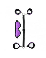 Rimba - Kit de bondage souple avec menottes pour les poignets et les chevilles et bandeau - Noir/Violet - Erotiekvoordeel.nl