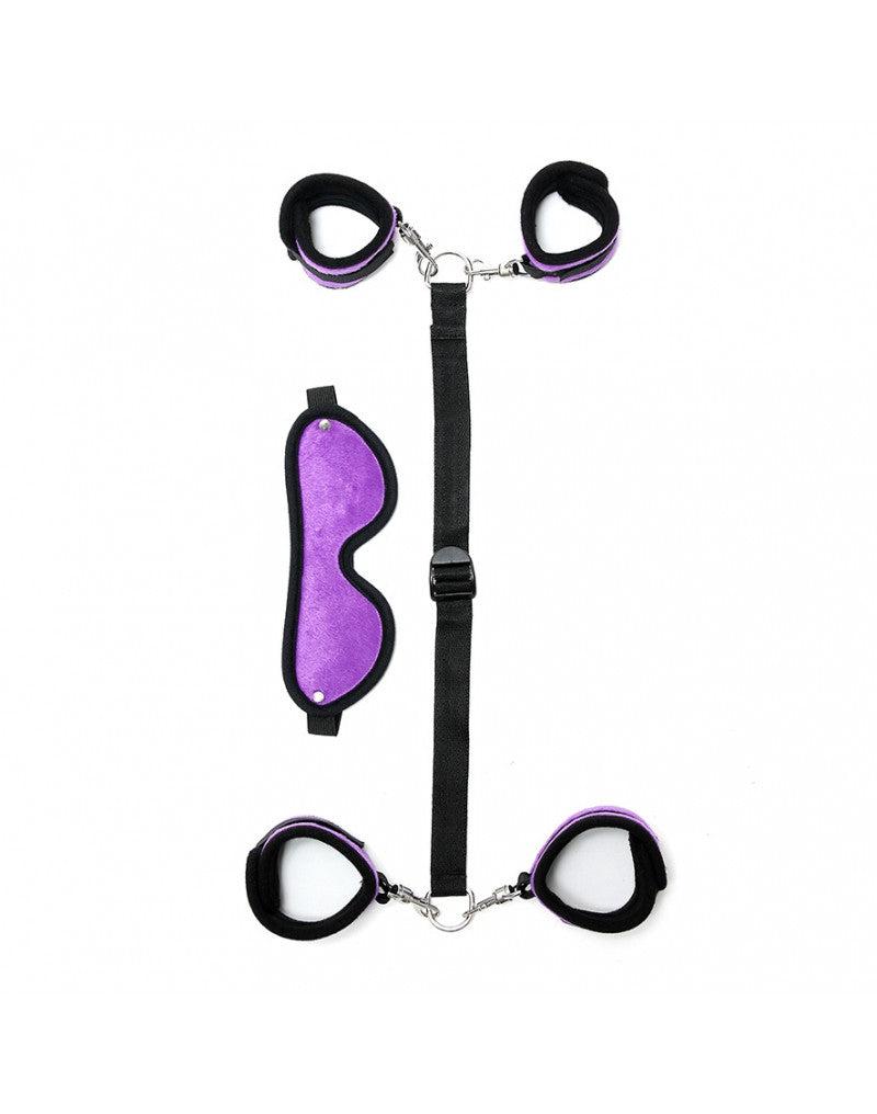 Rimba - Kit de bondage souple avec menottes pour les poignets et les chevilles et bandeau - Noir/Violet - Erotiekvoordeel.nl