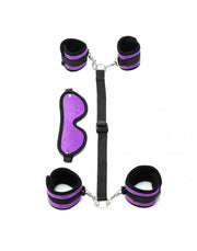 Rimba - Kit de bondage souple avec menottes pour les poignets et les chevilles et bandeau - Noir/Violet - Erotiekvoordeel.nl