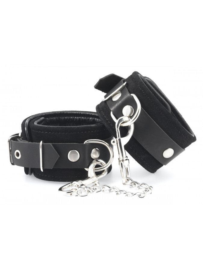 Rimba - Suede Leather Wrist Cuffs with Chain - Black-Erotiekvoordeel.nl