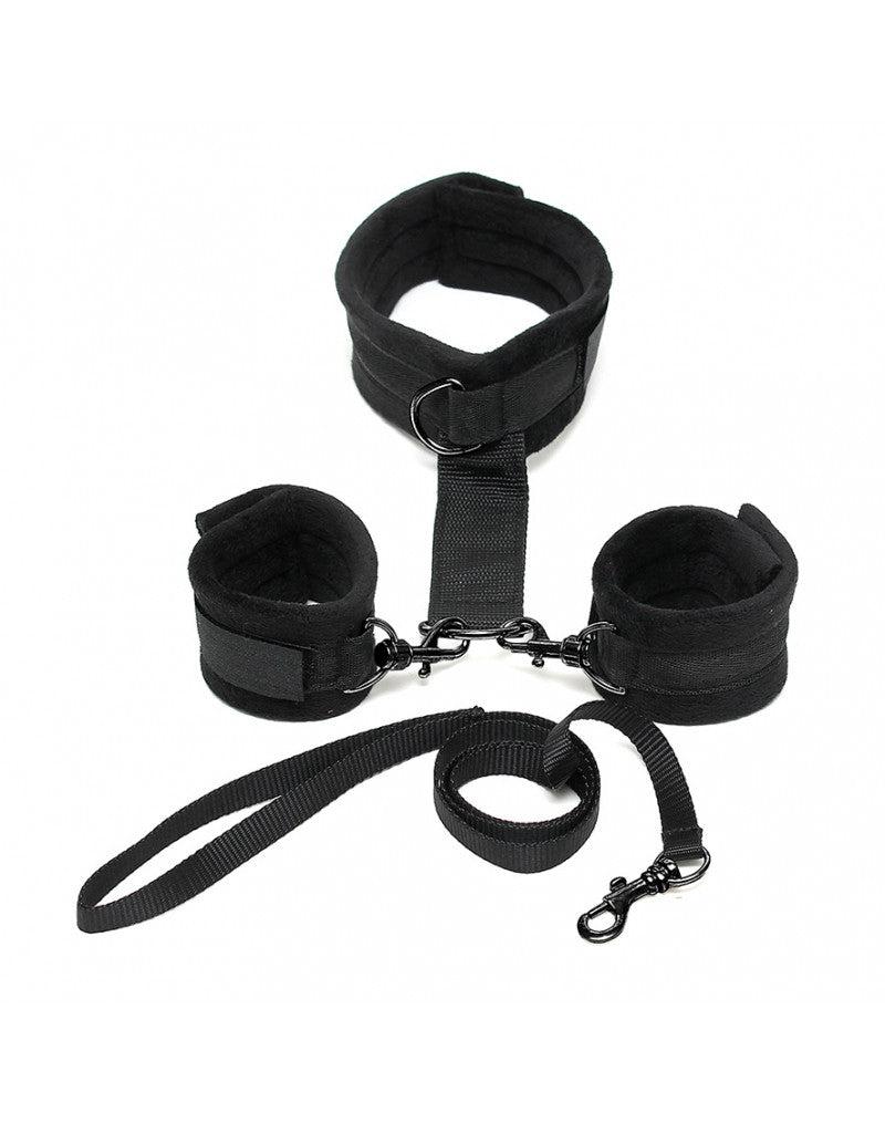 Rimba - Soft Bondage Collar Met handboeien En leiband - Zwart-Erotiekvoordeel.nl