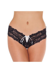 Amorable - Zwart Kanten Mini Short Met Witte Vetersluiting-Erotiekvoordeel.nl